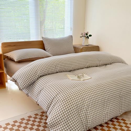 NSNLGSGC King Gingham Grid Duvet Cover Set Tan- Washed Microfiber Plaid Comforter Cover Set Brown Soft & Lightweight Breathable Clean Bedding Set(3PCS, King) NSNLGSGC