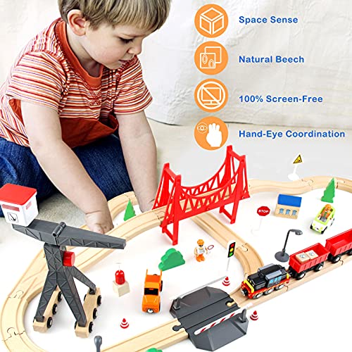 WOOD CITY Wooden Train Set, 56-Piece Deluxe Kids Toy Train Set for 2 3 4 5 Year Old Boy, Cargo-Themed Train Track with Tower Crane & Suspension WOOD CITY