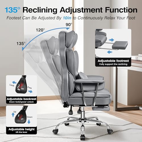 ALLGOD Office Chair Comfy, Big and Tall Executive Leather Chair, High Back Ergonomic Wide Chair with Footrest, Reclining Computer Desk Chair, Heavy Duty Gaming Chair with Padded Arm and Pillow, Grey ALLGOD