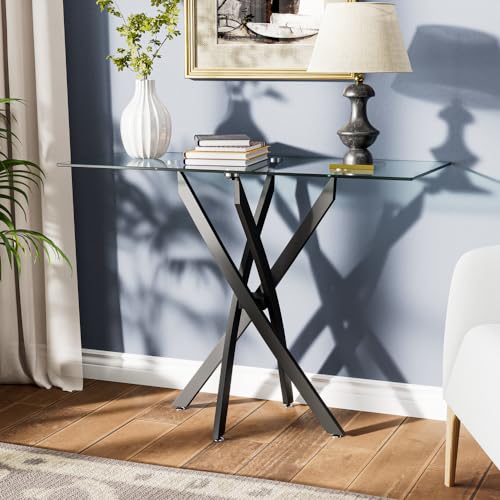 NIERN Tempered Glass Console Table with Metal Legs, Modern Narrow Sofa Table for Hallway Entryway (Black, 39"x18"x30") NIERN
