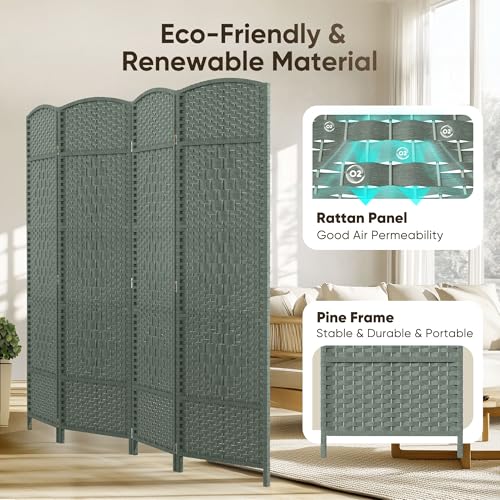 JOSTYLE Folding Privacy Room Divider, 4 Panel Screen Divider 6 ft. Tall Freestanding Extra Wide Rattan Room Partition Wall Separation Dividers, Grey JOSTYLE
