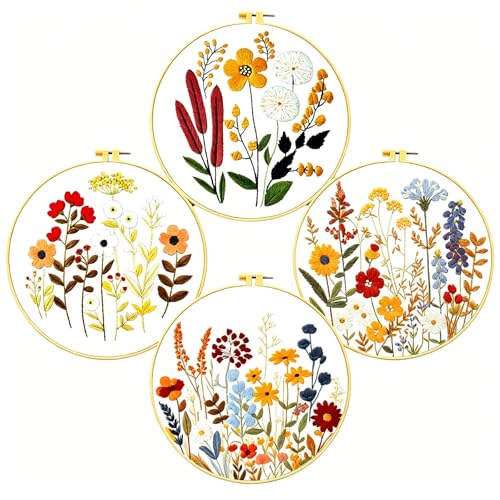 Zhenqing Floral Embroidery Kit - 4 Piece 29x29cm Round Hoop Art Set with Pre-Printed Cotton Fabric, Embroidery Hoop, Threads & Tools for Beginners (C0010)