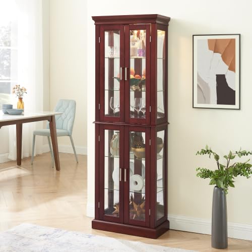 70" Lighted Curio Cabinet with Tempered Glass Doors - Cherry Wooden Curio Cabinet for Collectibles, China & Antiques, Adjustable Glass Shelves, Lockable, Mirror Back E26 Bulb Not Included Anveffeg