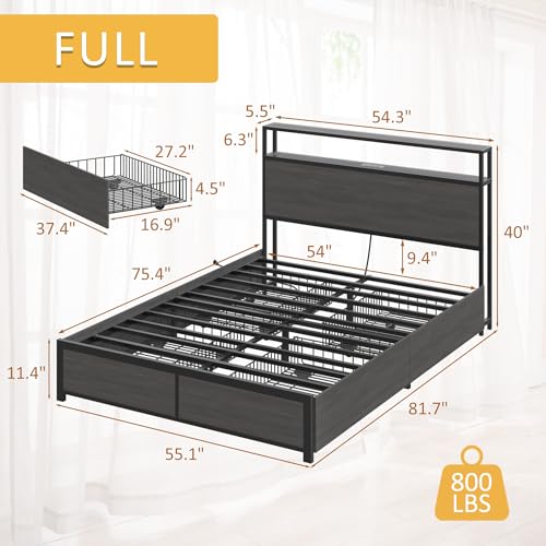 Lifezone Full Bed Frame with 2-Tier Storage Headboard, Metal Platform Bed Frame with 4 Storage Drawers, Built in Charging Station & LED, Noise-Free/Metal Support/No Box Spring Needed, Rustic Grey Lifezone