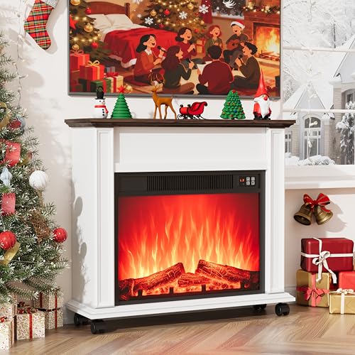 Electric Fireplace with Mantel, Farmhouse Electric Fireplaces TV Stand, White Fireplace Entertainment Center with 23 inch Heater and Removable Roller for Living Room, Bedroom HDDDZSW