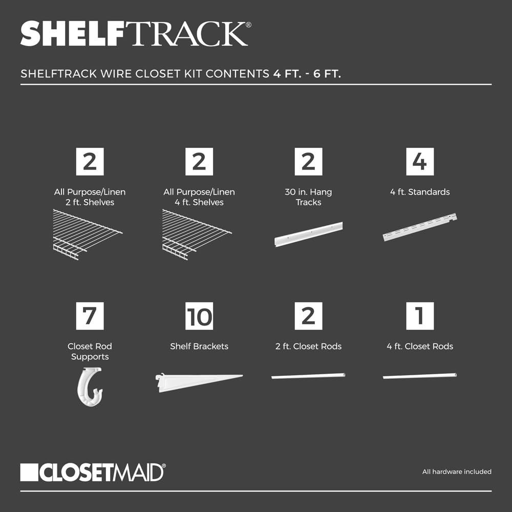 ClosetMaid ShelfTrack Wire Closet Organizer System, Adjustable from 4 to 6 Ft., With Shelves, Clothes Rods, Hardware, Durable Steel, White ClosetMaid