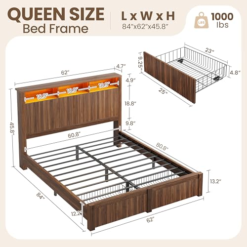 CypBed Queen Size Bed Frame with Headboard and Storage Drawers, Queen Bed Frame with LED Light and Charging Port, Farmhouse Wavy Wood Design, Wood & Metal Platform, Noise-Free, No Box Spring Needed CypBed