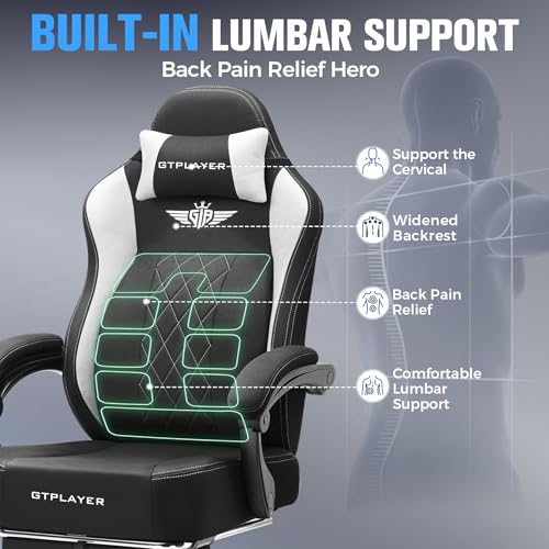 GTPLAYER Big and Tall Gaming Chair Breathable Fabric Computer Chair with Strong Lumbar Support, Comfortable Office Chairs with Pocket Spring Cushion, High Back Ergonomic Desk Chairs with Footrest GTPLAYER