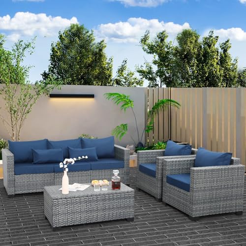 Lviden 4 Piece Wicker Patio Furniture Sets Outdoor Conversation Set PE Rattan Sectional Sofa Couch with Storage Table and Royal Blue Cushions Lviden
