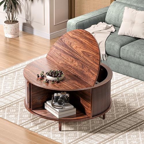 Round Coffee Table, 31.5" Fluted Center Table with Storage, Lift-Top Coffee Table with Adjustable Footpads, Sliding Door, Mid-Century Modern Center Table for Living Room, Small Space (Walnut) BEROXII