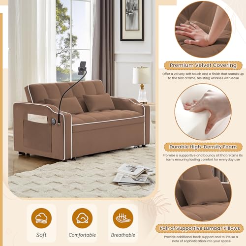 Sleeper Sofa Couch Bed with Phone Holder, Modern 3-in-1 Convertible Velvet Pull Out Loveseat Futon Sofa with USB & Type C Port & Cup Holder for Living Room Bedroom Office KINFFICT