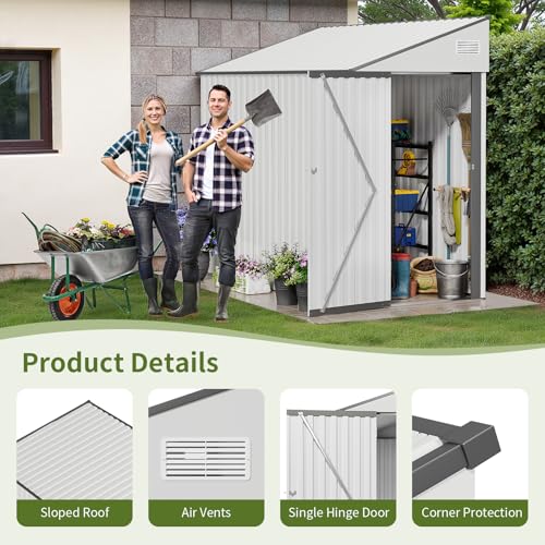 Lyngins 4x8 Lean to Metal Shed - White, Heavy-Duty Outdoor Storage for Bikes, Tools, Lawn Mowers & Firewood, Rust-Resistant Wall Side Design Sheds with Lockable Door, Waterproof Coating & Sloped Roof Lyngins