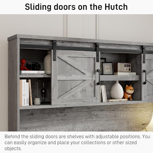 Farmhouse 67''H Executive Desk with Hutch & 5 Drawers, Rustic Office Desks Computer Desks with Charging Station, File Drawers and Storage Cabinets, Wood Workspace for Home Office & Study.(Grey). Vabches