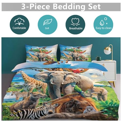 Funny Animals Bedding Set 3 Pieces Soft Lightweight Microfiber Zoo Print Bedspread Coverlet Set Jungle Elephant Giraffe Duvet Cover Twin Full Queen King Comforter Bed Set for Girls Boy Women Men exroozy