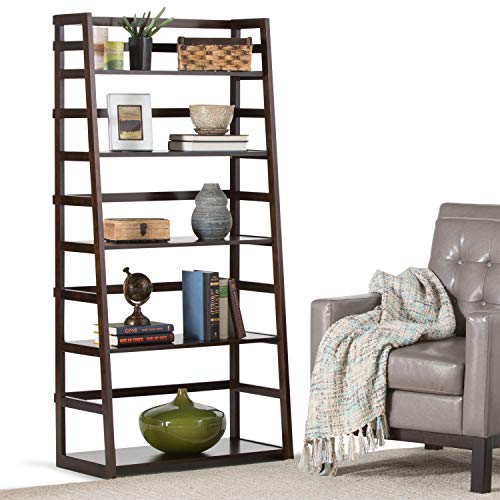 SIMPLIHOME Acadian SOLID WOOD 30 Inch Transitional Ladder Shelf Bookcase in Brunette Brown, For the Living Room, Study Room and Office SIMPLIHOME