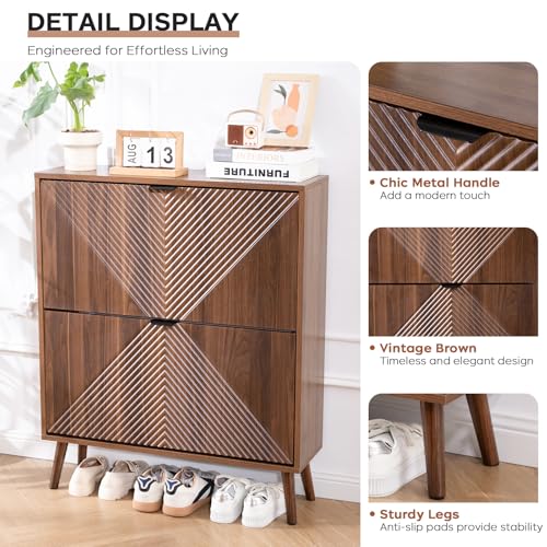 oakvivo Shoe Cabinet Storage, Farmhouse Freestanding Organizer with 2 Flip Drawers and 4 Wooden feet, Narrow Shoe Rack Cabinet for Entryway, Foyer, Hallway, Walnut oakvivo