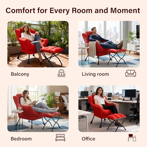SESHINELL Lazy Chair with Ottoman, Modern Accent Chair Contemporary Sofa Chair with Armrests, Reading Chair and Folding Footstool Set for Living Room, Bedroom, Office, Red SESHINELL