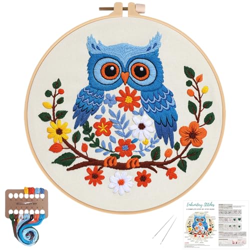 Louise Maelys Owl Embroidery Kits for Beginners, DIY Cross Stitch Starter Craft Kit for Adults Including Cloth with Pattern, Hoop, Needles Instruction and Threads