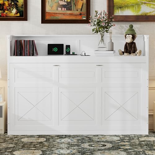 Ball & Cast Twin XL Size Murphy Bed Chest with Desk,can be Folded,Solid Pine Hideaway Cabinet Bedframe w/LED Light and USB Charging Station,for Home Office Small Room Living Room,White Ball & Cast