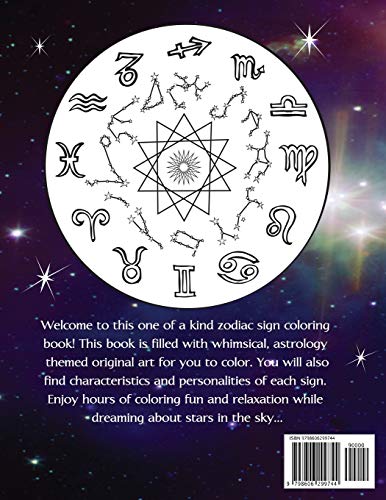 Astrology Coloring Book: Dive deep into this zodiac signs adult coloring book. Includes two illustrations for each sign and its personality and characteristics. Majosta