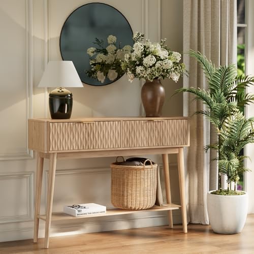 Cooday Console Table with Solid Wood Legs, Boho Modern Entryway Table with Storage Drawers, Fluted Narrow Sofa Table for Hallway,Living Room, Light Oak Cooday