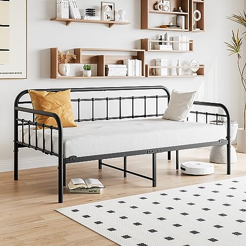 Crocofair Metal Daybed Frame Heavy Duty Slats Sofa Bed Platform Mattress Foundation Twin Daybed No Box Spring Needed(Black Twin) Crocofair