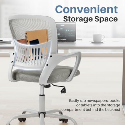 DUMOS Home Office Computer Chair - Ergonomic Mid Back Desk with Lumbar Support and Rocking Mode, Height Adjustable with Fixed Armrest, for Conference Meeting Room, 360° Swivel, Adults, Grey DUMOS