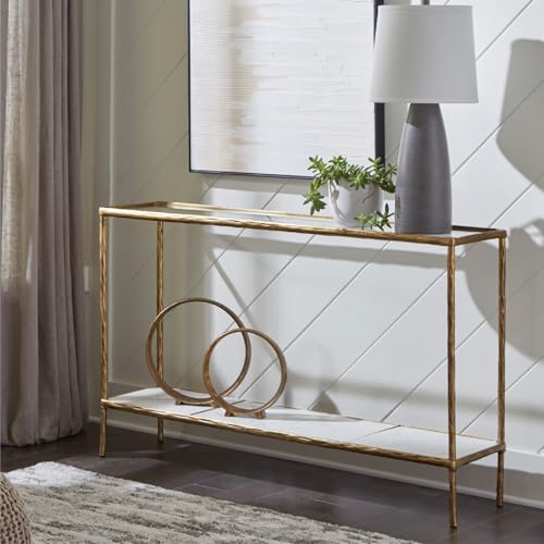 Signature Design by Ashley Ryandale Console Sofa Table, Glass Tabletop, White Marble Lower Shelf, Sand Casted Aluminum, 52" W x 12.5" D x 32.75" H, Antique Brass Finish Signature Design by Ashley