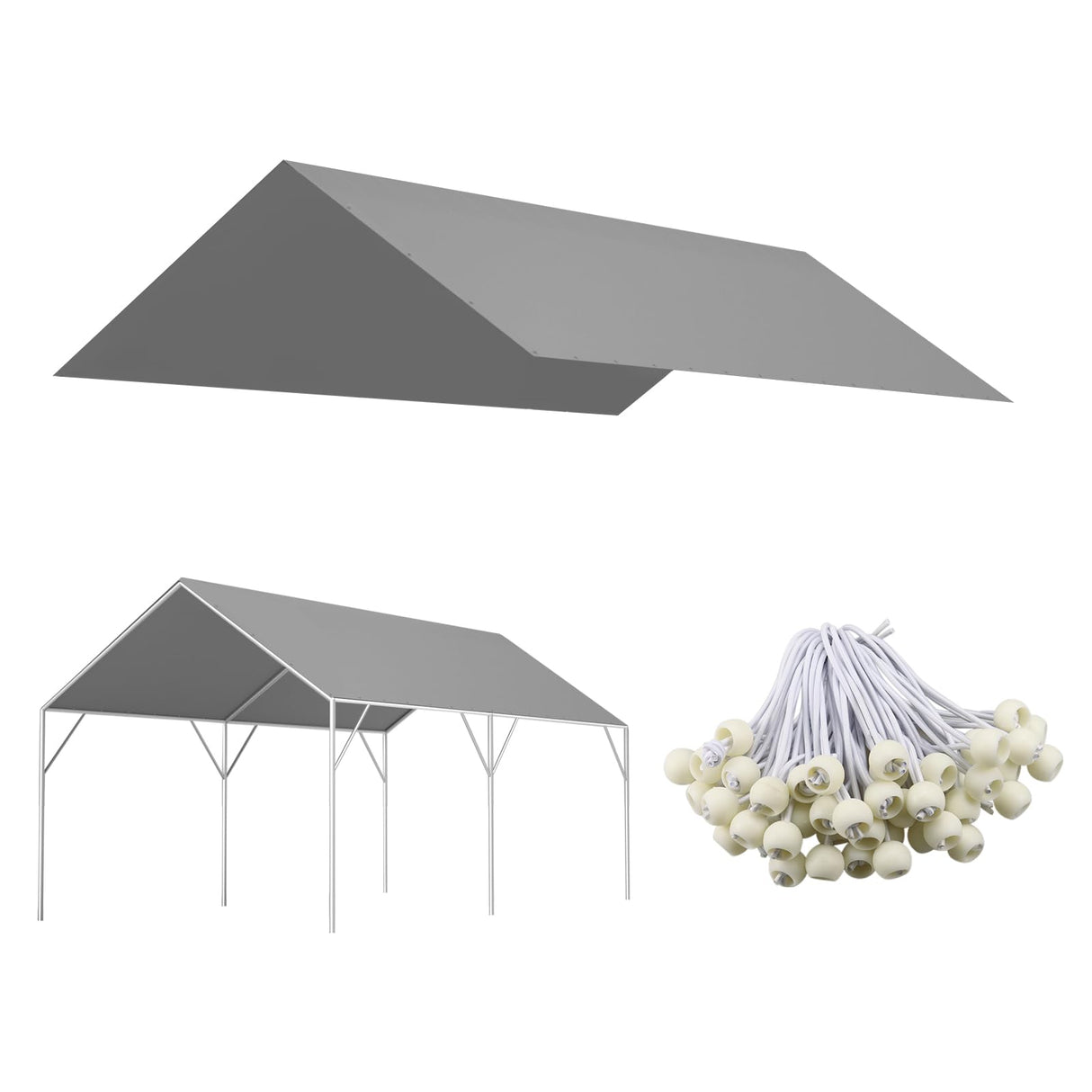 10' x 20' Canopy Replacement Cover for Carport, 220G Heavy Duty Replacement Top Cover for Car Garage, Waterproof & UV Protected Tarp with 48 Ball Bungees (Only Cover, Frame Not Included), Grey Buzleer
