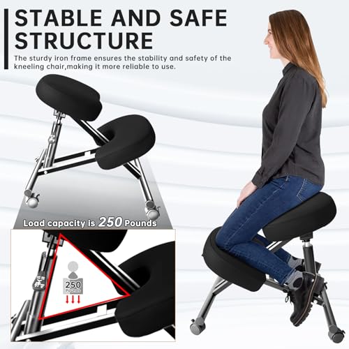 PU Leather Ergonomic Kneeling Chair, Adjustable Home and Office Stool with Thick Pads and Flexible Lockable Brake Wheels for Back Pain Relief(Black) DENGTELI