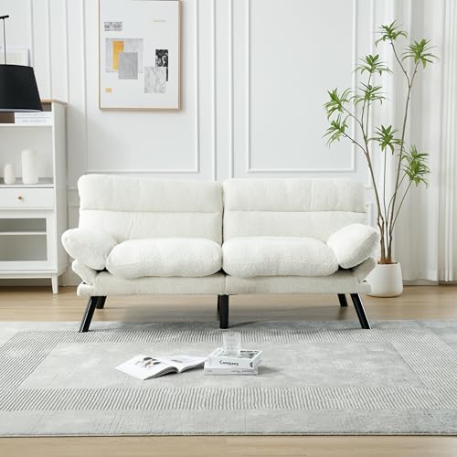 70“Futon Sofa Bed, White Convertible Folding Futon Small Couch Breathable Small,Upholstered Double Loveseat Bed for Compact Living Studio in Room and Bedroom, Offices, Dorm (White Teddy Velvet) Klwenas Maec
