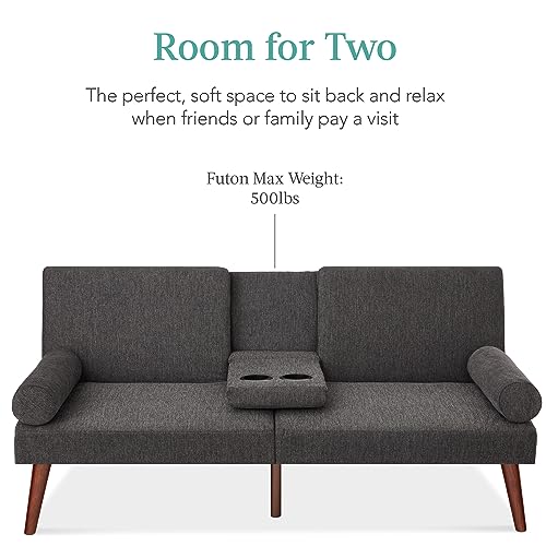 Best Choice Products Mid-Century Modern Upholstered Futon, Convertible Folding Sofa Bed, Small Couch w/Rounded Armrests, 2 Cupholders - Charcoal Best Choice Products