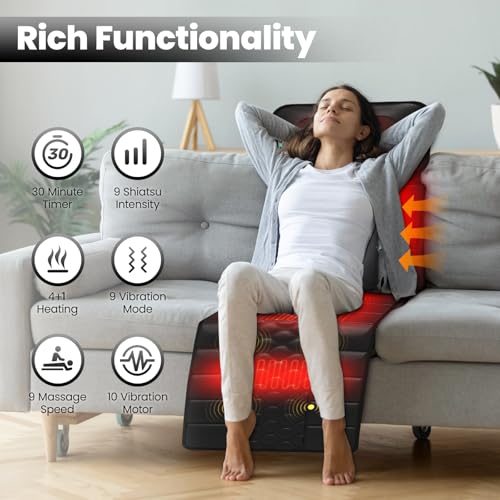 DOPICT Massage Mat, Detachable Neck Massager, Full Body Vibration Heating, Massage Pad with 10 Vibrating Motors and 9 Speed Settings for Home Office Use, Gift for Men Women Parents Christmas,Black DOPICT