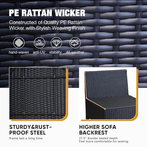 JOYURE 6 Pieces Patio Furniture set All-Weather Outdoor Wicker Sectional Conversation Sofa Rattan patio seating sofa with cushion and Glass Table for Porch Poolside,Peacock Blue JOYURE