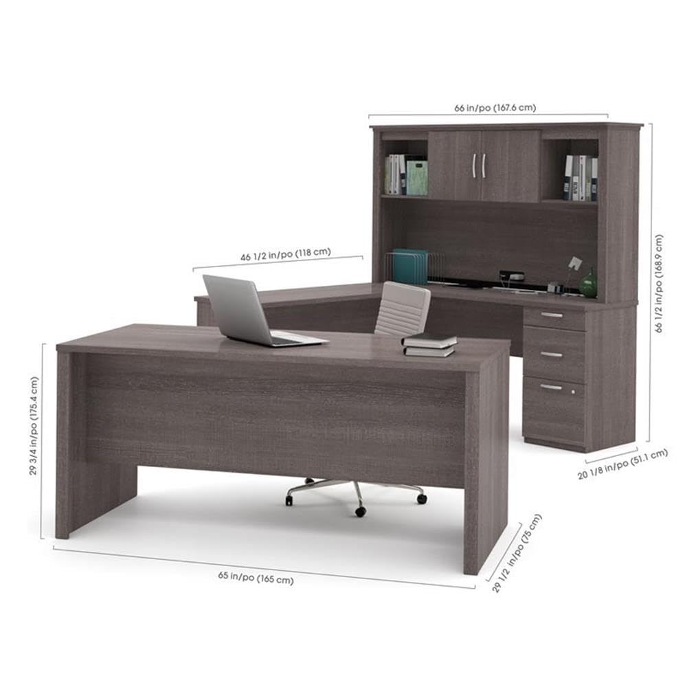 Pemberly Row Modern U-Shaped Engineered Wood Desk with Hutch File and Bookcase, Fully Reversible Unit, Assembly Required, for Home Office, in Bark Gray Finish Pemberly Row