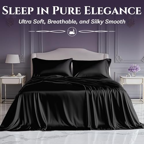 SLEEP SANCTUARY Satin Sheets Queen Size – 4 Piece Luxury Silky Bed Set, Softer Than Silk, 15" Deep Pocket, Cooling & Wrinkle-Free, Moisture-Wicking & Breathable for Hair & Skin (Black) SLEEP SANCTUARY