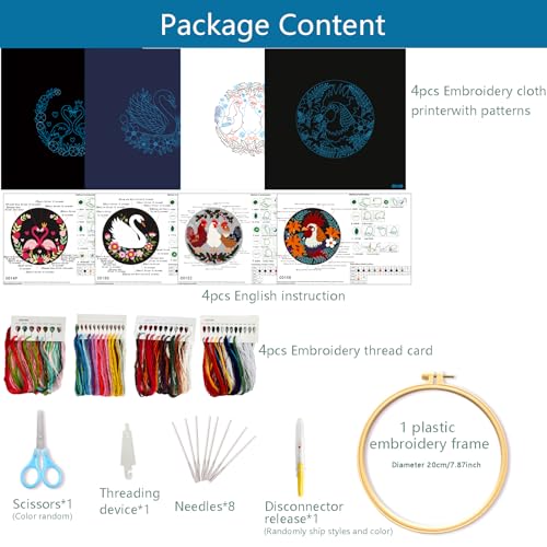 Zhenqing Birds Embroidery Kit for Beginners, 4 Circular Designs with 20cm Hoop, Pre-Printed 29x29cm Fabric & Threads - Flamingo, Swan, Chicken, Rooster Patterns for Home Decor(C0180)