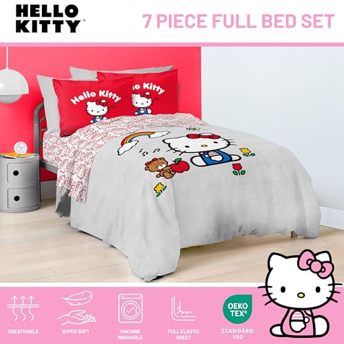 Jay Franco Sanrio Hello Kitty Full Size Comforter Set - 7 Piece Red & Grey Bedding Includes Sheet Set & Pillow Covers - Super Soft Cozy Kawaii Bedding Jay Franco