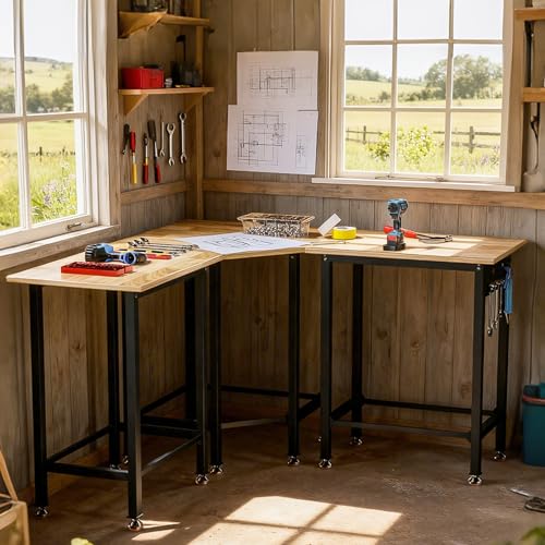Betterhood 48"/60" Heavy-Duty Adjustable Workbench for Garage, Rubber Wood Shop Table,Hardwood Workstation Weight Capacity Over 1500 Lbs (Rubber Pad/Power Outlets/Ruler/63 x21.7 x35.8) Betterhood