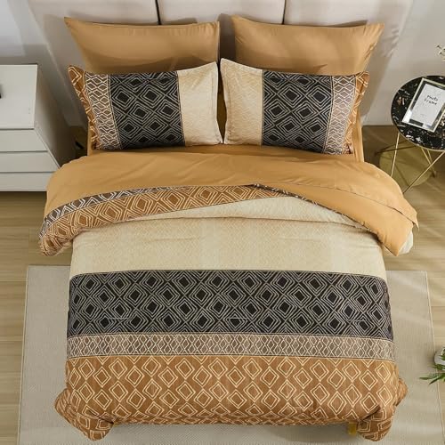 Dinjoy Brown King Size Comforter Set,Striped Bed in a Bag King 7 Pieces Soft Boho Bedding Comforters Sets Microfiber Bed Complete Set with Sheets for Fall Winter Dinjoy