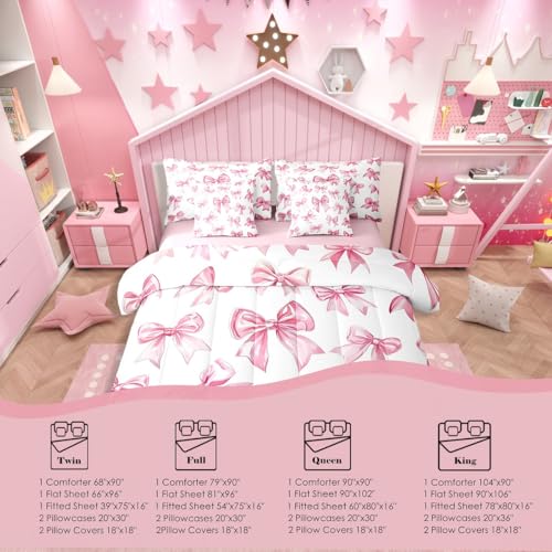 Erosebridal Kawaii Bowknot Girls Bed in A Bag with Sheets Dreamy Princess Style King Comforter Set 7 Piece for Kids Teen Women,Girly Cute Bow Bedding Set Pink Bow Tie Bed Set Bedroom Decor Erosebridal