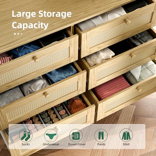 infurnic 6 Drawer Rattan Dresser for Bedroom, Modern Wooden Dresser Chest with Handles for Bedroom, Hallway and Living Room, Wood Oak infurnic