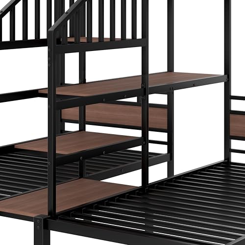 Bellemave Twin Over Twin Over Twin Bunk Bed with Shelf and Storage Stairs, Heavy Duty Triple Bunk Beds with Safety Guardrails, Metal Triple Bunk Bed Frame for 3 Kids, Teens, Black Bellemave