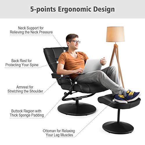 WATERJOY Swivel Recliner Chair, PU Leather Lounge Armchair Recliner, 360 Degree Swivel Overstuffed Padded Seat Chair with Footrest Stool Ottoman Set for Office Living Room Black