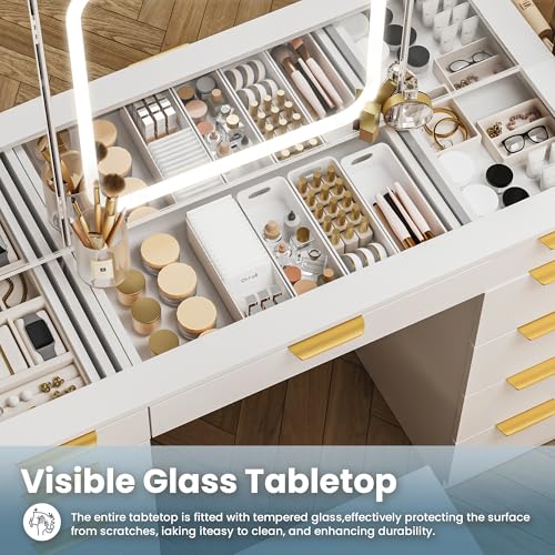 Fkhouse Glass Top Vanity Desk with Foldable Mirror and Lights, 11 Drawers Makeup Vanity with Charging Station, 3 Lighting Modes Dressing Table with Chair, White Fkhouse