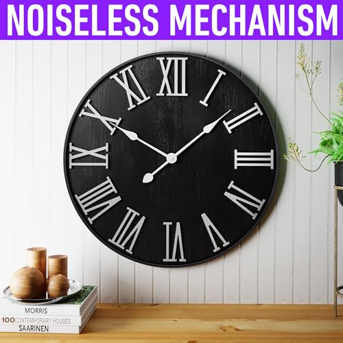 Large Wall Clock 24" Round - Silent Metal & Wood Large Clock - Farmhouse Wall Clock Large - 24 Inch Wall Clock For Living Room Decor - Big Wall Clock Roman Numerals - Wall Clocks For Living Room Decor HB Design Co.