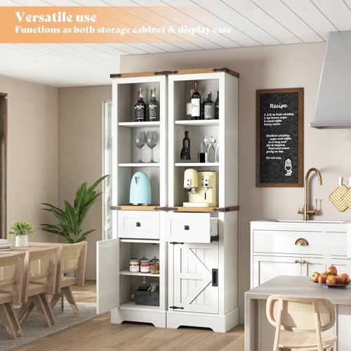 AMERLIFE 68" Tall Farmhouse Slim Storage Cabinet with Adjustable Shelves and Drawer in Antique White & Barnwood AMERLIFE