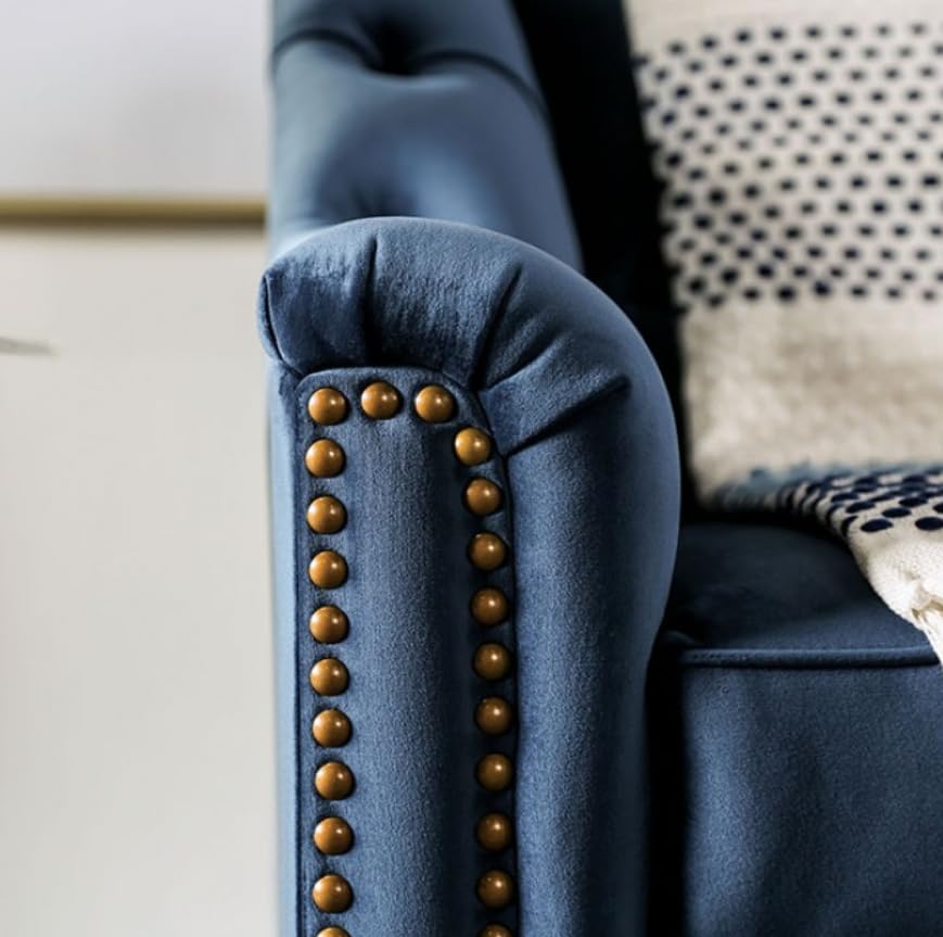 MASARA Tufted Velvet Sofa, 91-inch Camelback Design, Blue with Nailhead Trim and Walnut Legs MASARA