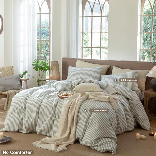 MooMee Striped Duvet Cover Set 100% Washed Cotton Linen Like Textured Breathable Durable Soft Comfy (Sage Green White Classic Stripes, King 104"x90") MooMee