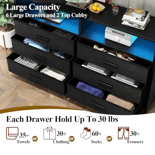 Loomie 6 Drawers Dresser with Power Outlets and LED Lights, Black Dresser with 2 Top Cubby, Tall Wide Fabric Double Chest of Drawers,Modern Dresser Tv Stand for up to 60" TV for Bedroom, Living Room Loomie